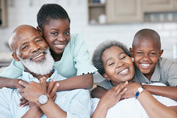 Wall Mural - Black family, grandparents and grandchildren with portrait in home for weekend visit, hug and bonding with love. Senior people, kids and happy with embrace in house for affection, support or security