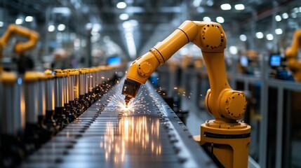 A close-up shot of a robotic arm assembling components onto a circuit board in a high-tech automated manufacturing facility.