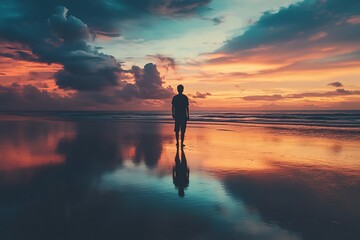 Canvas Print - Silhouette of a Person on a Beach at Sunset, Reflection in Water