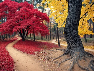 autumn in the park, red and yellow tree leaves, jogging walking trails, beautiful fall park for outdoor activities. background for promoting active living style, backdrop for sport clothing shoes ad