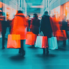 Crowded mall during a massive Black Friday sale, with shoppers carrying large bags close up - Holiday shopping frenzy - vibrant - Double exposure - Shopping mall backdrop