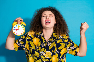 Poster - Photo of sad crying woman wear stylish print clothes wake up early morning isolated on blue color background