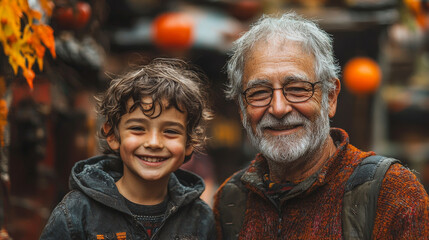 A young boy smiles alongside his grandfather.