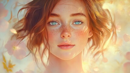 Wall Mural - Ethereal Portrait of a Young Woman with Freckles and Blue Eyes