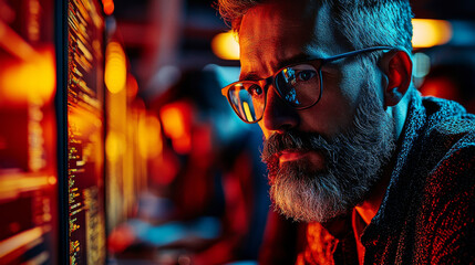 Focused man staring at computer code.