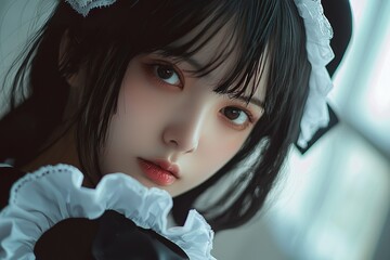 Cute Japanese girl with black hair, wearing a maid outfit, cute face, upper...