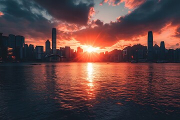 Wall Mural - Cityscape Silhouette at Sunset with Dramatic Clouds and Reflection on Water