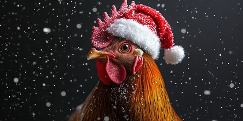 Rooster wearing Santa hat in the winter snow for Christmas 2024