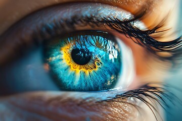 Canvas Print - Close up macro photography of blue eye with yellow iris and long eyelashes