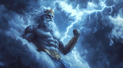 Wall Mural - Illustration of zeus, god of sky and thunder. zeus the king of the greek gods ready to hurl lightning bolts down upon the earth and mankind. generative ai. Greek Gods. Illustration