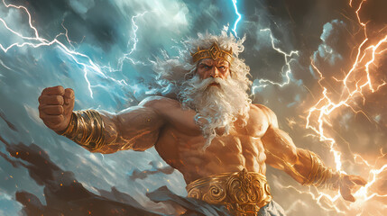 Wall Mural - Illustration of zeus, god of sky and thunder. zeus the king of the greek gods ready to hurl lightning bolts down upon the earth and mankind. generative ai. Greek Gods. Illustration