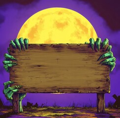 Zombie Halloween background holding a weathered old Rustic sign in a purple night graveyard with a yellow full moon as an autumn season grave with a blank grunge sign.