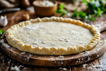 Wall Mural - Unbaked Pie Crust on Wooden Cutting Board with Flour