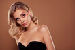 © Beauty Hero - Photo of attractive girl lady wear black dress top look isolated brown pastel color background