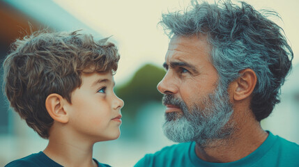 A father and son look at each other with love.