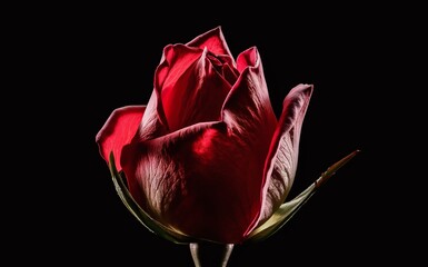 A single red rose bud isolated on a black background. Generative-AI