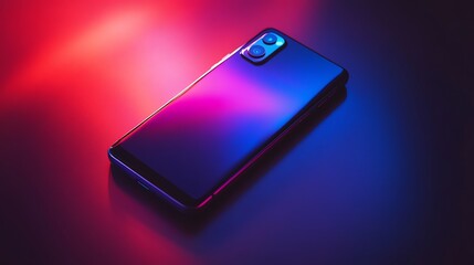 Modern smartphone on a table illuminated by colorful light.