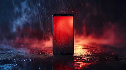 A smartphone standing upright on a wet surface with water droplets on the screen,  set against a dark background with red and blue lights.