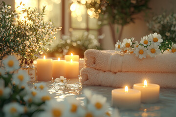 Sticker - A tranquil home spa setup with candles, bathrobes, and aromatherapy oils. Concept of relaxation and indulgence.