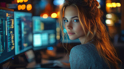 Young woman programmer looking at camera.