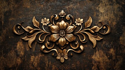 A golden floral design carved into dark wood. Ornate and decorative.