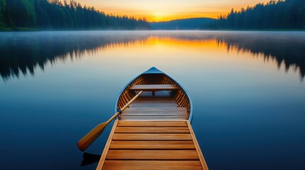 Canvas Print - A boat with a paddle and oars on the water, AI