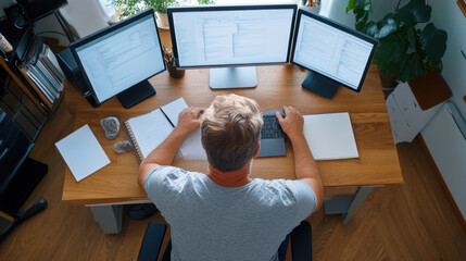 Wall Mural - A man sitting at a desk with three monitors and two keyboards, AI