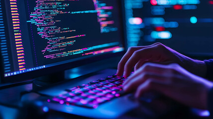 Close up of hands typing on keyboard with code on computer screen.