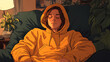 © Elnare - A young woman in a yellow hoodie relaxes in a chair with her eyes closed.