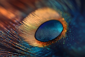 Canvas Print - Close up Macro Photograph of a Peacock Feather's Eye Spot with Vibrant Colors and Intricate Details