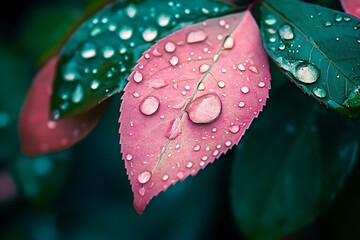 Wall Mural - Closeup of Pink and Green Leaves with Dew Drops