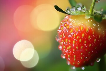 Close up of a fresh, juicy strawberry covered in water droplets