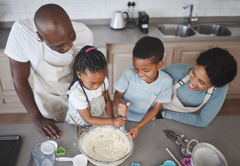 Poster - Whisk, bowl and black family baking in kitchen for bonding, learning and skill development in home. Mixing, ingredients and African parents teaching children to cook for growth and fun at house.