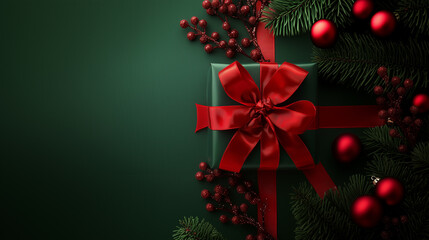 christmas green and red present ribbon on background,