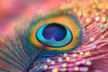 Macro shot of a colorful peacock feather with iridescent eye