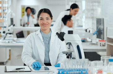 Aufkleber - Portrait, tablet or woman in laboratory for science breakthrough, clinical trial or discovery. Results, medical exam or scientist with checklist for vaccine research, mpox cure or disease development