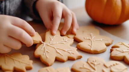 Poster - A person making a leaf shaped cookie with icing on it, AI