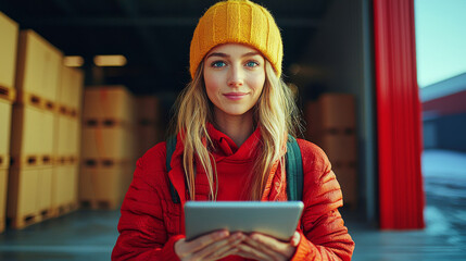 Canvas Print - Young woman in a warehouse, checking her tablet.