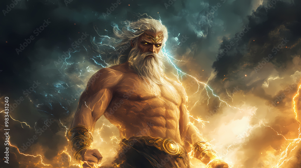 Powerful zeus, the ancient greek god of the sky, thunder, and lightning ...