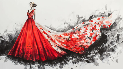 Sticker - Watercolor illustration of a woman in a red gown with a long train.