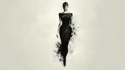 A black and white illustration of a woman in a dress walking.