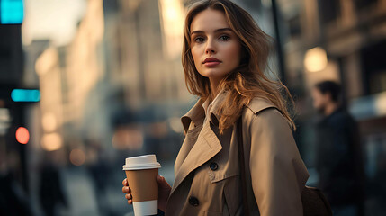 Young woman in a brown coat walking in the city, holding a coffee cup.