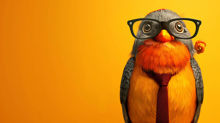 A funny bird wearing glasses and a tie, looking at the camera.