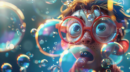 Close-up of a cartoon boy with glasses blowing bubbles.