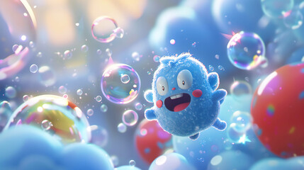 Sticker - A cute blue cartoon creature with large eyes smiles as it floats amidst colorful bubbles and clouds.