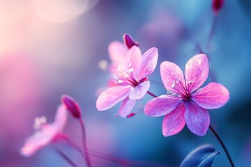 Sticker - Delicate Pink Flowers with Dew Drops in Soft Bokeh Background, Nature Beauty and Spring