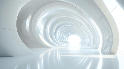 Sticker - A futuristic, white, curved tunnel leading to a bright light.