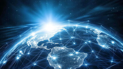 A glowing Earth with a network of connections representing global communication.