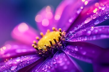 Wall Mural - Macro photo of a purple flower with water droplets on petals