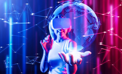 Wall Mural - Female stand surrounded by neon light wear white VR headset and tank top connecting metaverse, future cyberspace community technology, She holding and watch 3D global picture hologram. Hallucination.